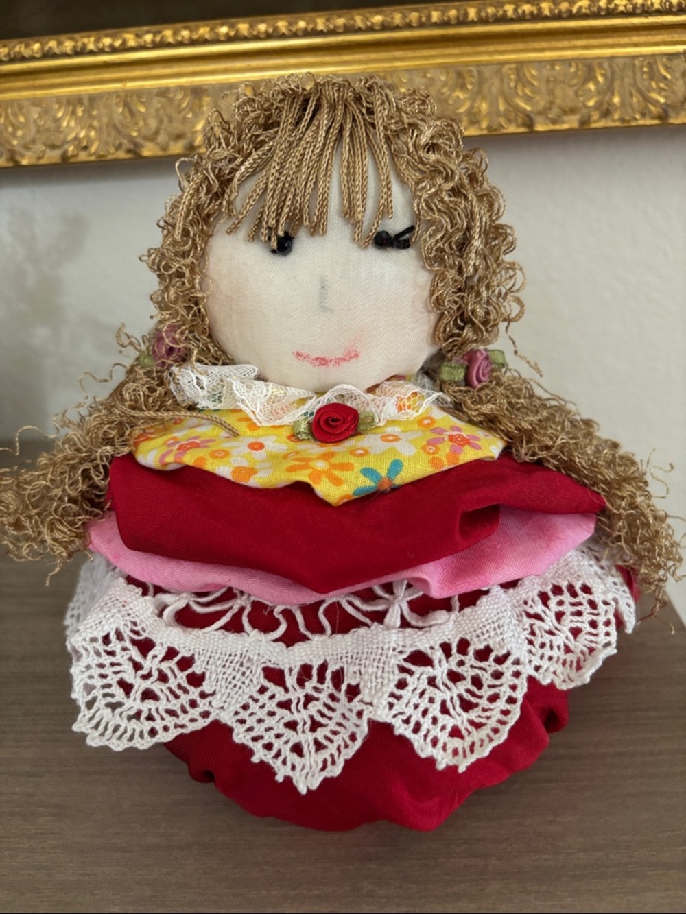Handmade Red and Pink Decorative Doll with Crochet Lace